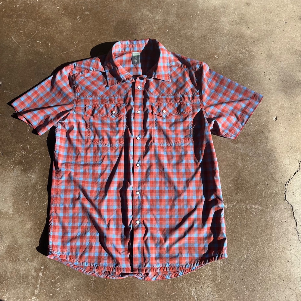 Stio Pearl Snap Shirt Mens Medium Red Blue Excellent Short Sleeve Western